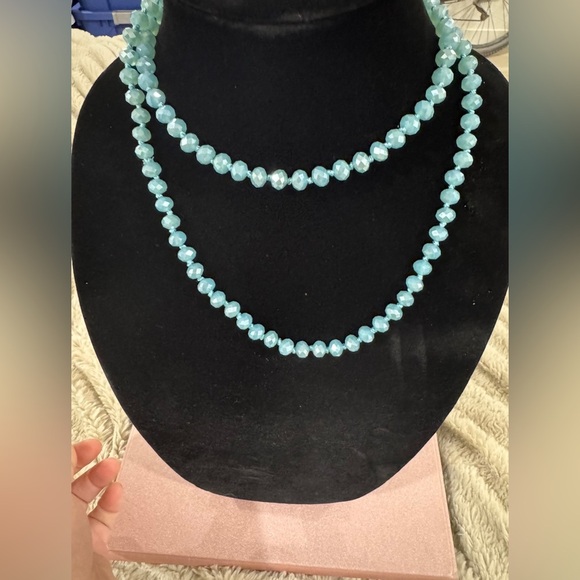 Faceted Aqua Blue Glass Beaded Necklace - 17” Single Strand - Picture 1 of 2